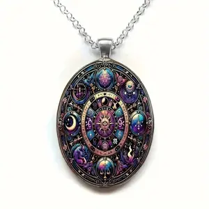 1pc stish elegant zodiac sign pattern oval alloy glass necklace romantic gift jewelry festive birthday Christmas Halloween gift for men woman mom