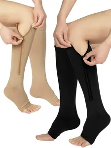 2Pairs Zipper Compression Socks Calf Knee High 15-20mmHg Open Toe Stocking Women & Men Suit for Walking Yoga Tubesocks