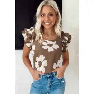 Brown Flowered Ruffle Sleeve Tank