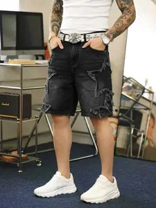 Summer Men's Retro Denim Shorts, Star Design, Pocket, Loose-Fitting, Plain Pattern, Casual Streetwear, Daily Wear, Comfortable and Stylish