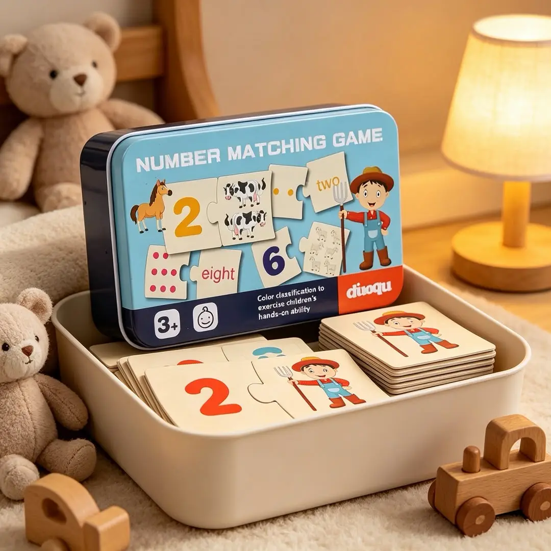 Children's Iron Box Number Matching Game, puzzle, Digital Enlightenment Pairing Wooden Animal Food Puzzle Board Early Education Math Toys for Kids Boys Girls