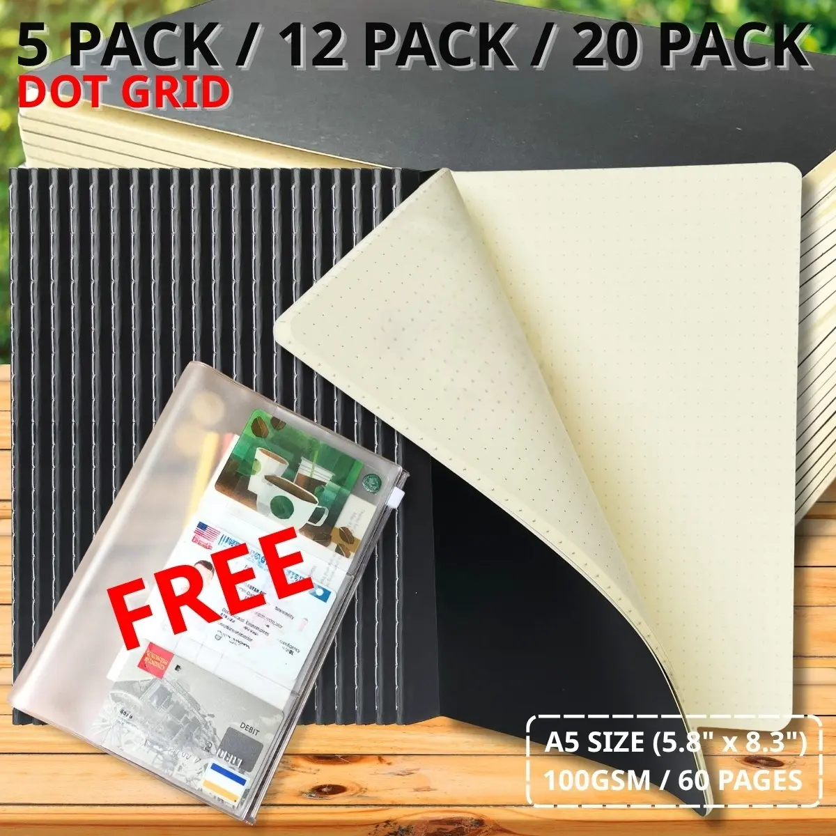Portable A5 Notebook Set with Waterproof Zipper Pouch | 5-Pack 100gsm Dotted Journals | The Ultimate Student Organizer Kit ✨