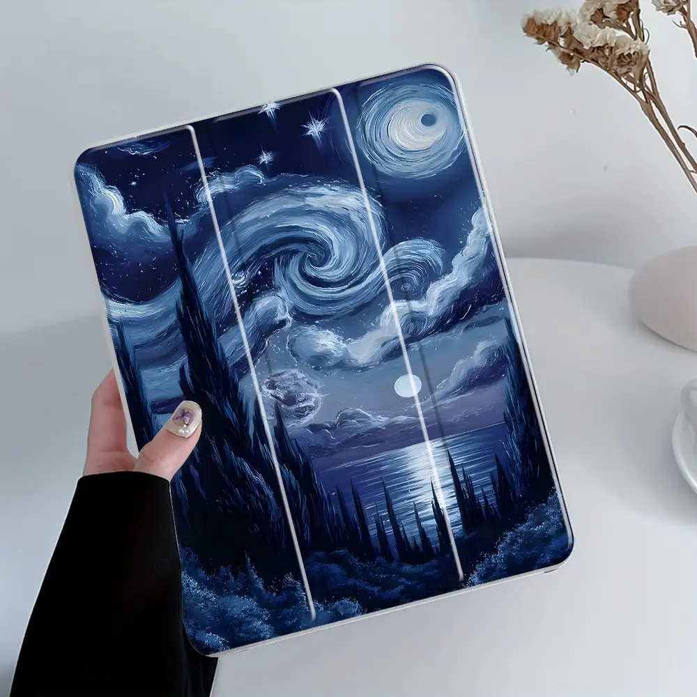 Starry Night Ocean Design Foldable Stand Protective Tablet Case for iPad, Transparent Acrylic Hard Back, Compatible with iPad 10.2 2019/2021 and More, Scratch-Resistant Thin Shockproof Protection with Pencil and Charger Slots