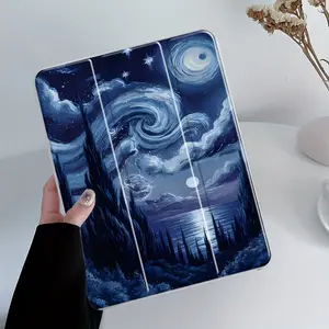 Starry Night Ocean Design Foldable Stand Tablet Case for iPad, Transparent Acrylic Hard Back, Compatible with iPad 10.2 2019/2021 and More, Scratch-Resistant Thin Shockproof Protection with Pencil and Charger Slots