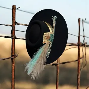 Black Turquoise Rustic Western Felt Hat with Gold Accents and Feathers for Stylish Outfits