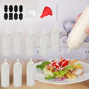 8 Pack 12 oz Plastic Squeeze Squirt Condiment Bottles with Cap Lids - Perfect for Condiments, Oil, Icing, Liquids–Set of 8 with extra 1 Silicone Funnel, 8 Chalk Labels and 1 Pen