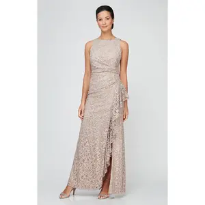 Petite Long Sleeveless Lace Dress with Cascade Ruffle Front Slit Detail