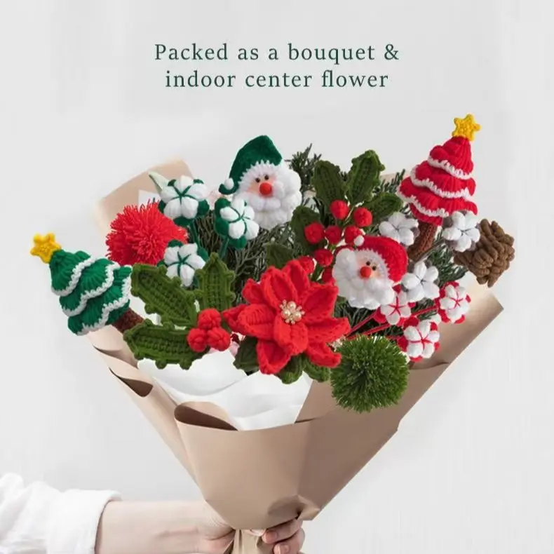 Christmas Creative Yarn Handmade Crochet Flower Santa Claus Holiday Decoration Finished Artificial Bouquet Ornament