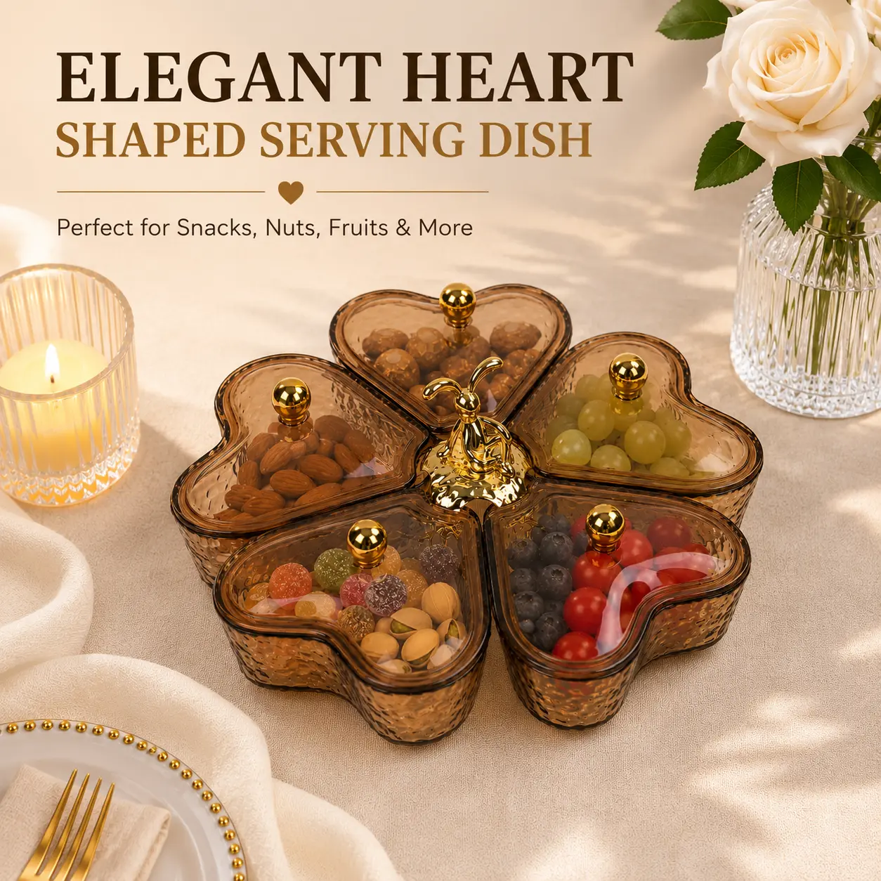 360° Rotating 5-Compartment Desktop Storage Organizer with Individual Lids, Amber Heart-Shaped Divided Container for Snacks, Candy, Nuts and Small Items