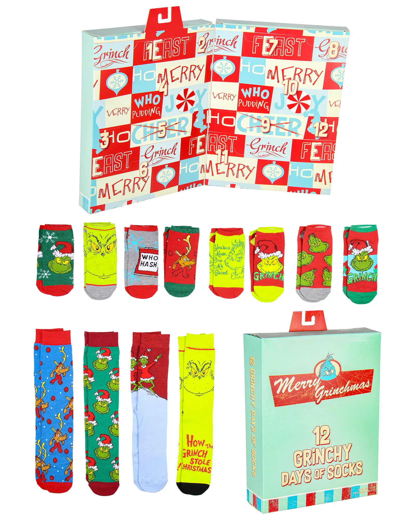Dr. Seuss The Grinch Merry Grinchmas 12 Grinchy Days Of Socks Mix and Match Advent Gift Box Set, Birthday Gift Accessories