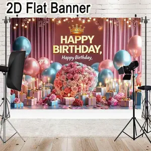 2D flat banner, 1pcPink Rose Balloon Bouquet Happy Birthday Banner Set | Blue Pink Gift Boxes Decor for Party Decorations