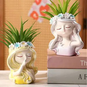 Quirky Girl Face Resin potted Plant - Retro cartoon-style cylindrical vase, suitable for succulents, flowers and indoor plants, no battery required, decorate fairy Garden gifts, for plant lovers, quirky home decoration, fantasy-themed deco Planter Pots