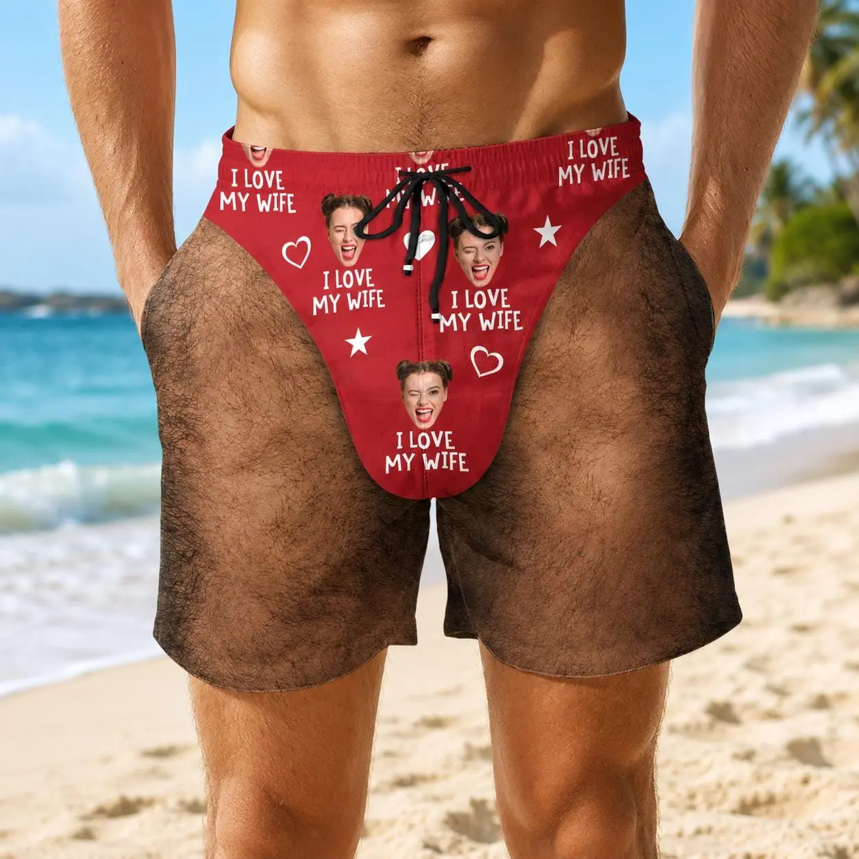 Funny Custom Men’s Swim Trunks, Custom Fake Underwear Beach Shorts, Wide Load Birthday Gag Gift For Him