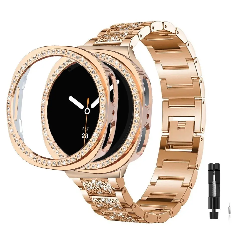 Girl Rhinestone Bling Metal Watch Band + PC Protective Case For Samsung Galaxy Watch 8 44mm 40mm Strap Bracelet Wristband Smart Watch Straps Smartwatch Strap For Galaxy Watch 8 Business Women Watch Band Smart Watch Accessories Wearable Tech Accessories