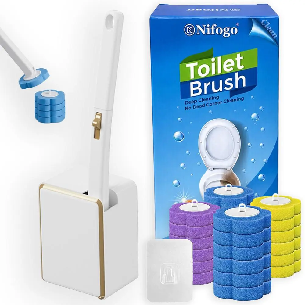Nifogo Wall-Mount Disposable Toilet Cleaner Brush Set with Long Handle 360° Rotating Head & Plunger(Toilet brush 03 +24 Refills）