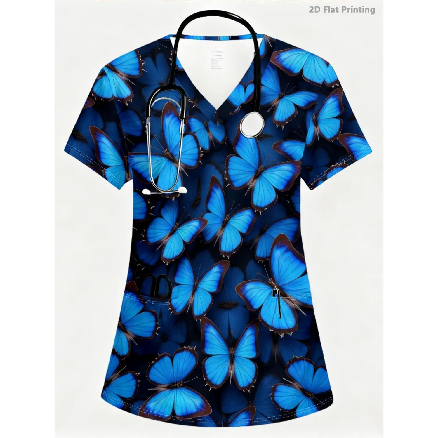 Modern Minimalist Women's V-neck Short-Sleeve Nurse Scrubs with Pockets – High-Definition Blue Butterfly Print for Casual Comfort, Ideal for Beauty Salons, Institutions, and Cosmetic Work Uniforms
