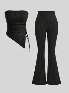 Women's Asymmetric Crop Top Set with Drawstring Back, Flared Long Pants, Stylish Two-Piece for Casual Wear