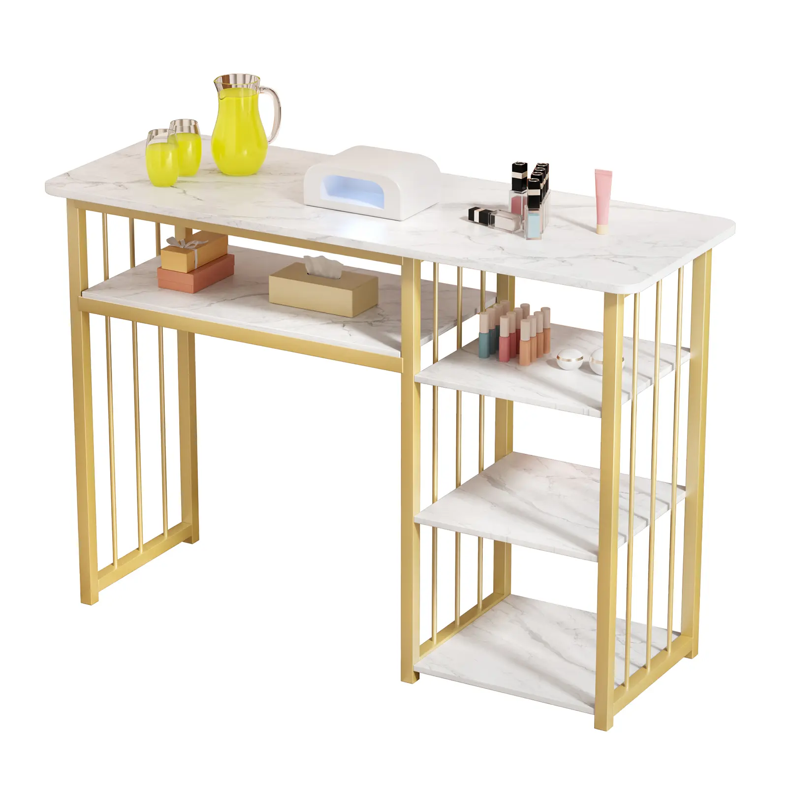 Commercial Salon Portable Manicure Nail Desk Furniture - 3-Tier Open Shelves, Rectangular Top, Metal Legs, Marble Look, Quick Setup to Organize Home & Commercial Beauty Organization Needs