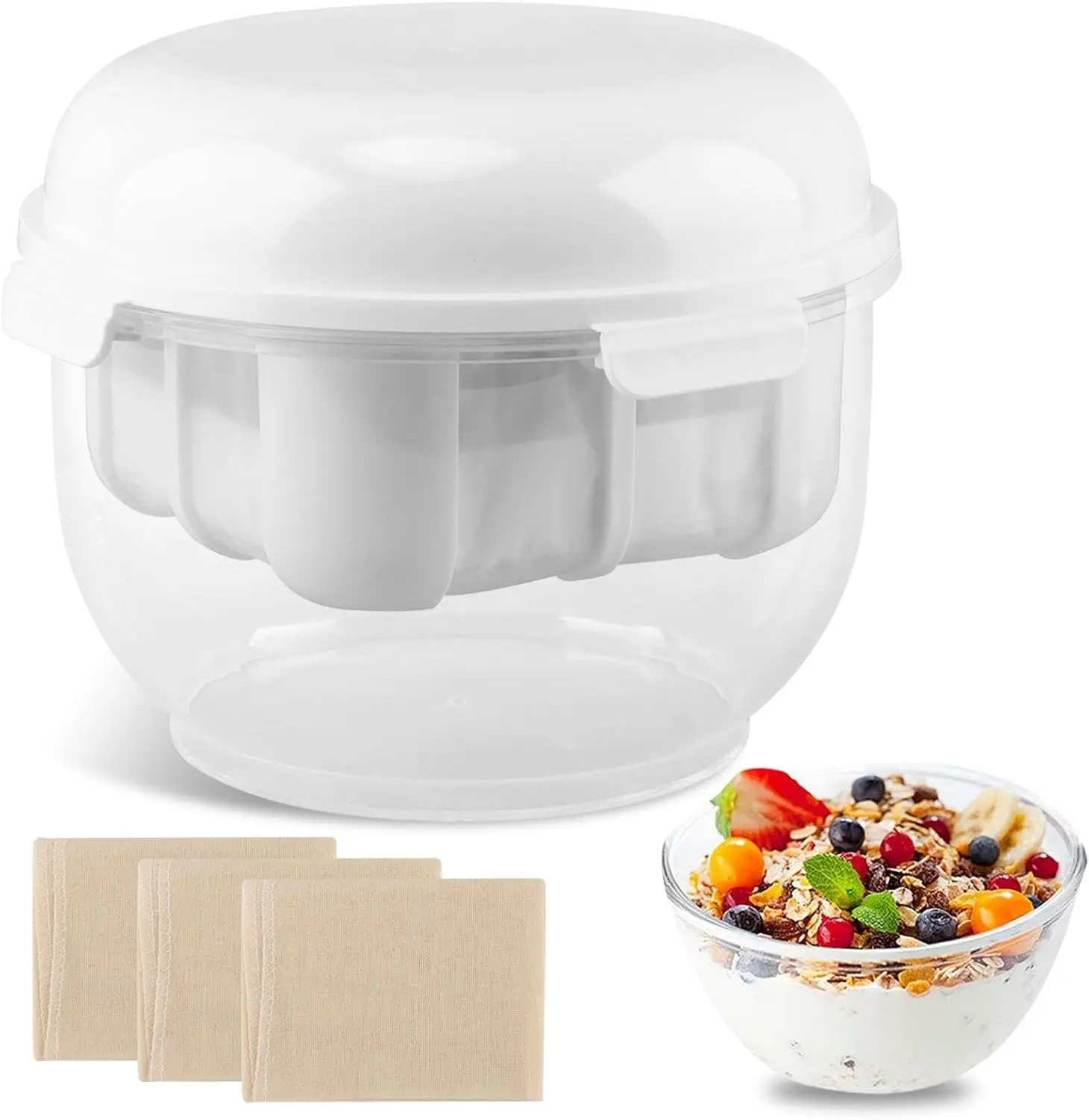 Greek Yogurt Maker with Ultra Fine Mesh Strainer, Greek Yogurt Strainers with Lid & 3 Filter Cloth, Dishwasher Safe Storage Container for Making Paneer, Kefir, Tofu, Cheese