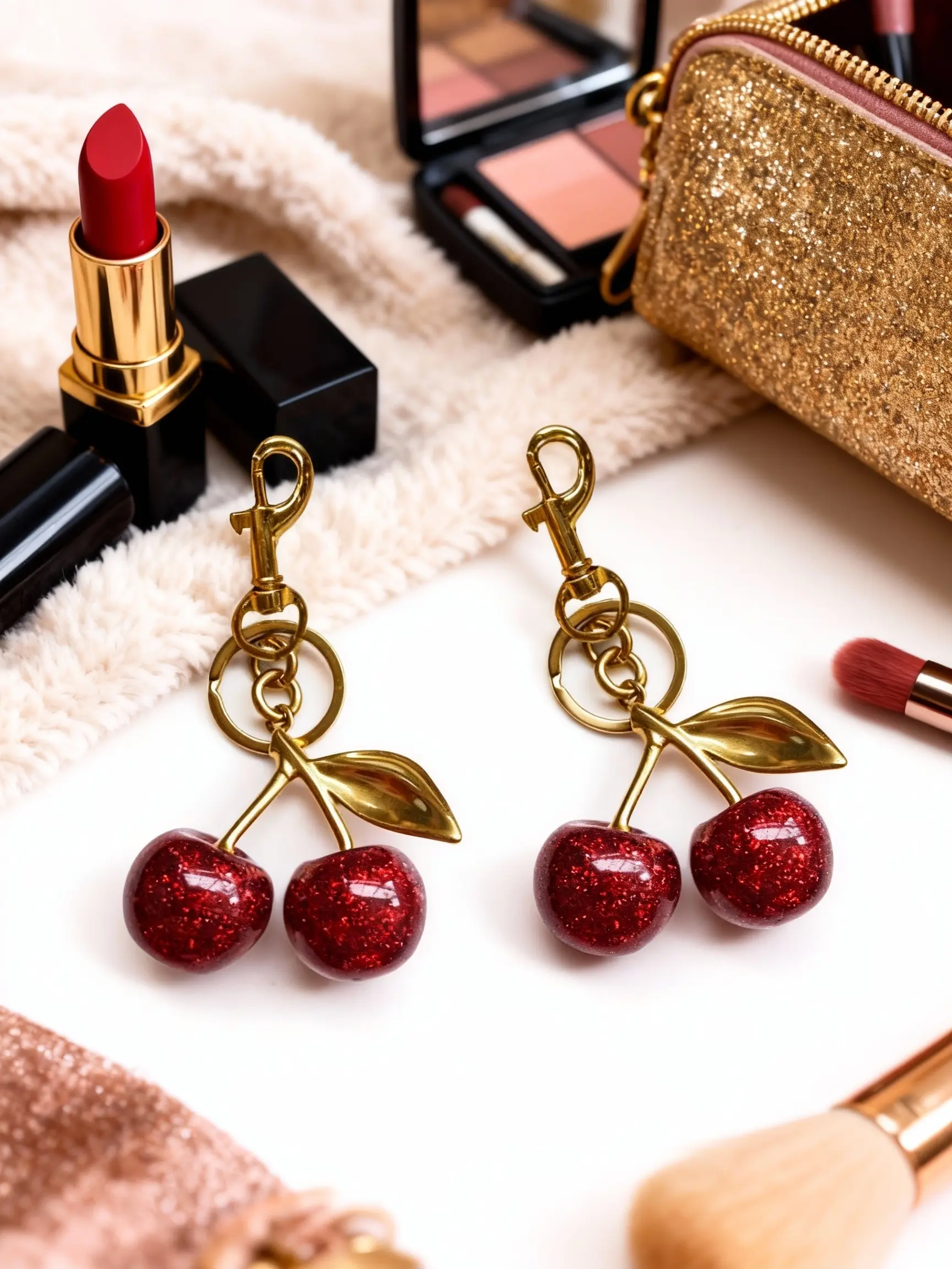 Cherry Charm Car Keychain, Stylish Keychain, Fruit Keychain, Resin Cherry Pendant with Leaf and Lobster Clasp, High Gloss Finish, Fashion Accessory for Bags and Cars, Bag Charms