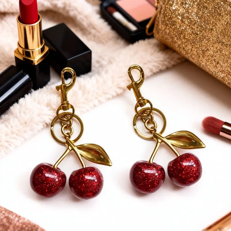 Cherry Charm Car Keychain, Stylish Keychain, Fruit Keychain, Resin Cherry Pendant with Leaf and Lobster Clasp, High Gloss Finish, Fashion Accessory for Bags and Cars, Bag Charms