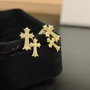 Gold Double Cross Stud Earrings for Women and Men Gold Plated Double Piercing Cross Earrings Lightweight Accessory Earring