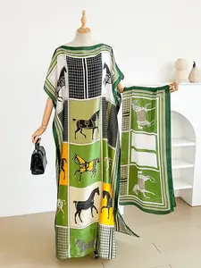 Women's Elegant Animal Pattern Robe Set, Long Dress + Headscarf Scarf Hairband, Beach Sun Protection Satin Silk Shawl, Beach Cover Up, Swimsuit Cover Up, Swimsuit Coverup, Swimwear Coverups