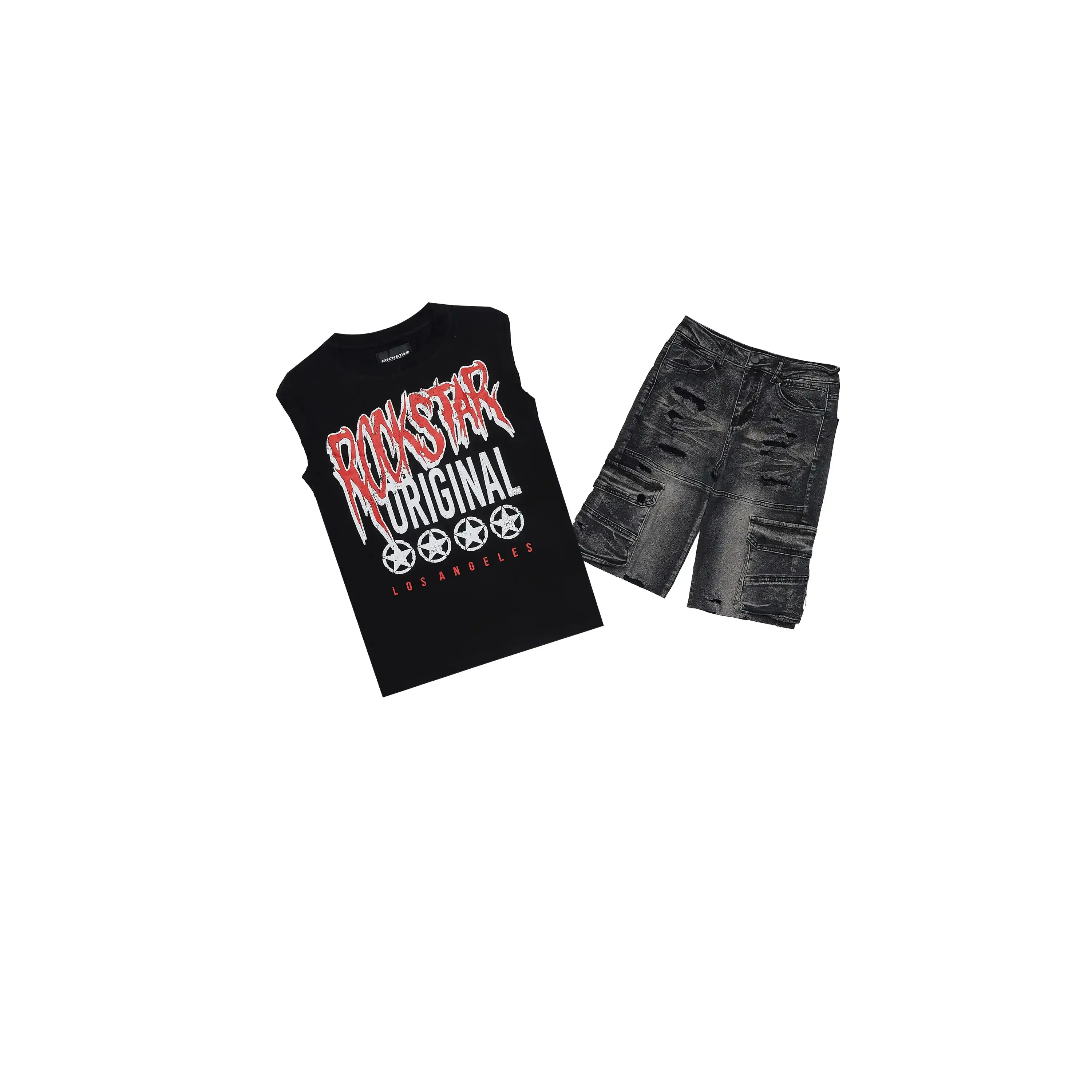 Boys Wizzlor Black/DarkGrey Cut Off T-Shirt Short Set