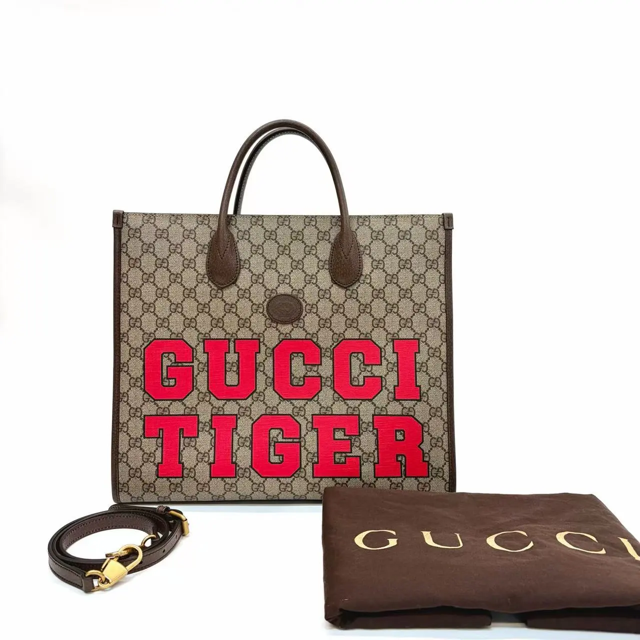 Pre-owned GUCCI Tiger Limited Edition Tote Bag, Khaki GG Canvas with Calfskin Leather N24034806