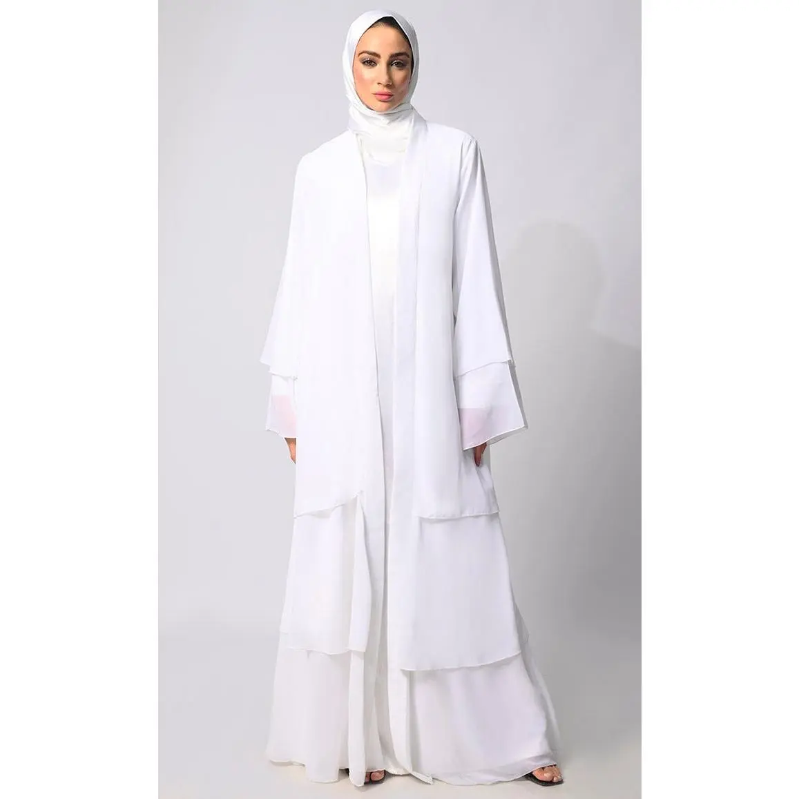Elegance in Layers: White Tiered Shrug with Satin Lining