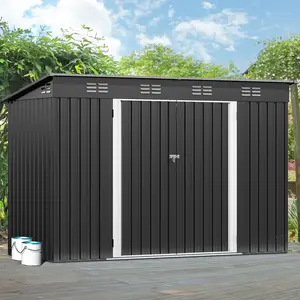 DWVO 9.1' x 4.2' Outdoor Storage Shed Large Metal Tool Sheds Heavy Duty Storage, Dark Gray / Brown