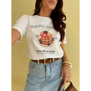 Women's Delicious Pancake Graphic T-Shirt Short Sleeve Tee Brunch Food Print Casual Streetwear Tops for Foodie Fashion Fans