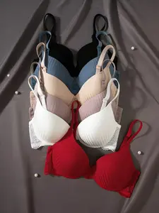 Women's Ribbed Lace Underwire Bra Set, Soft Gathered Innerwear, Comfortable Elegant Daily Casual Top, Multiple Colors, Medium Support, Adjustable Strap