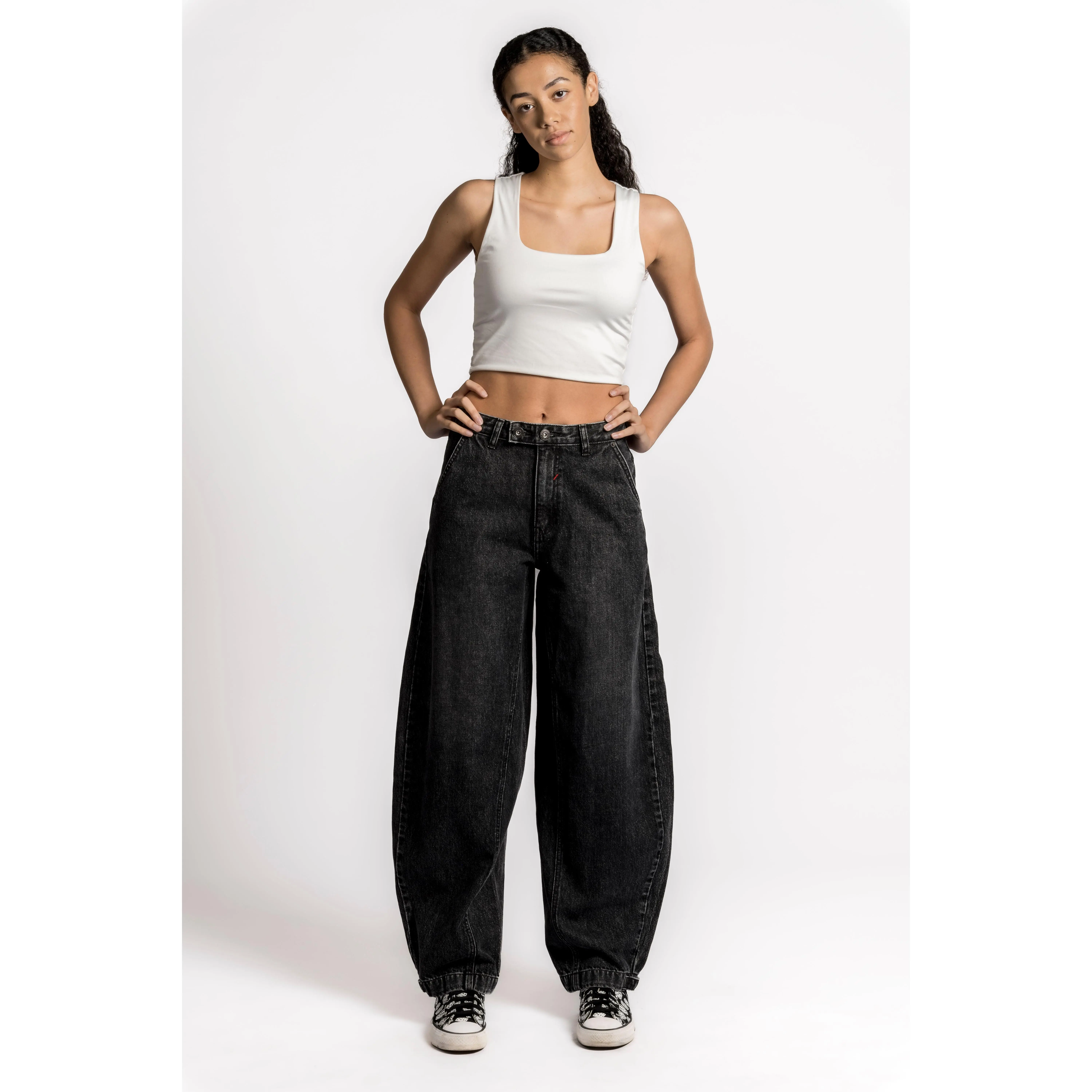 JITANA Women's High Waist Acid Washed Black Cotton Jeans - Balloon Fit, 4 Pockets, Snap Details, Ankle-Tied, Comfortable Leg Pants, Streetwear Bottoms, Everyday Minimalist Style, All Seasons