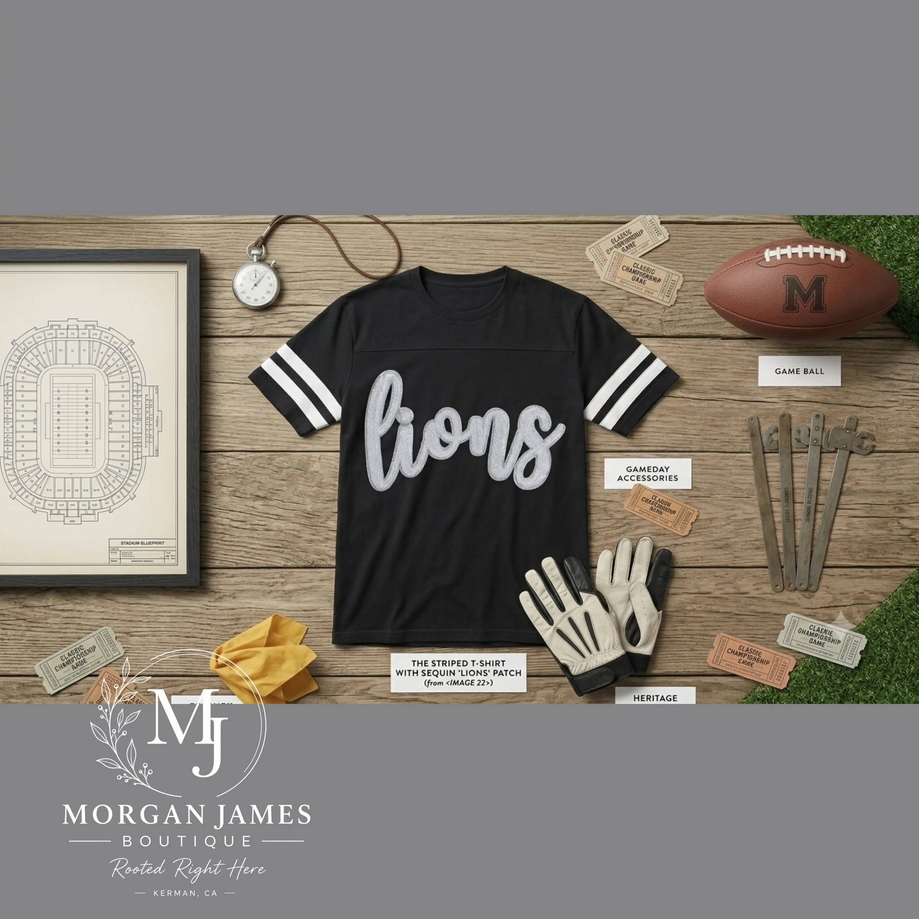 Lions Sequin Script Varsity Tee | Kerman Lions Spirit Shirt