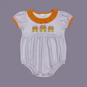 embroidery SR3202 Halloween corn candy purple striped short sleeve girls romper