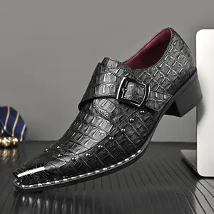 Men's Croc Embossed Ankle Boots for Men - Shiny Square Toe Chelsea Boots with Metal Buckle & Studs Detail, Vintage Style Dress Shoes for Party Office Night Out Fashion