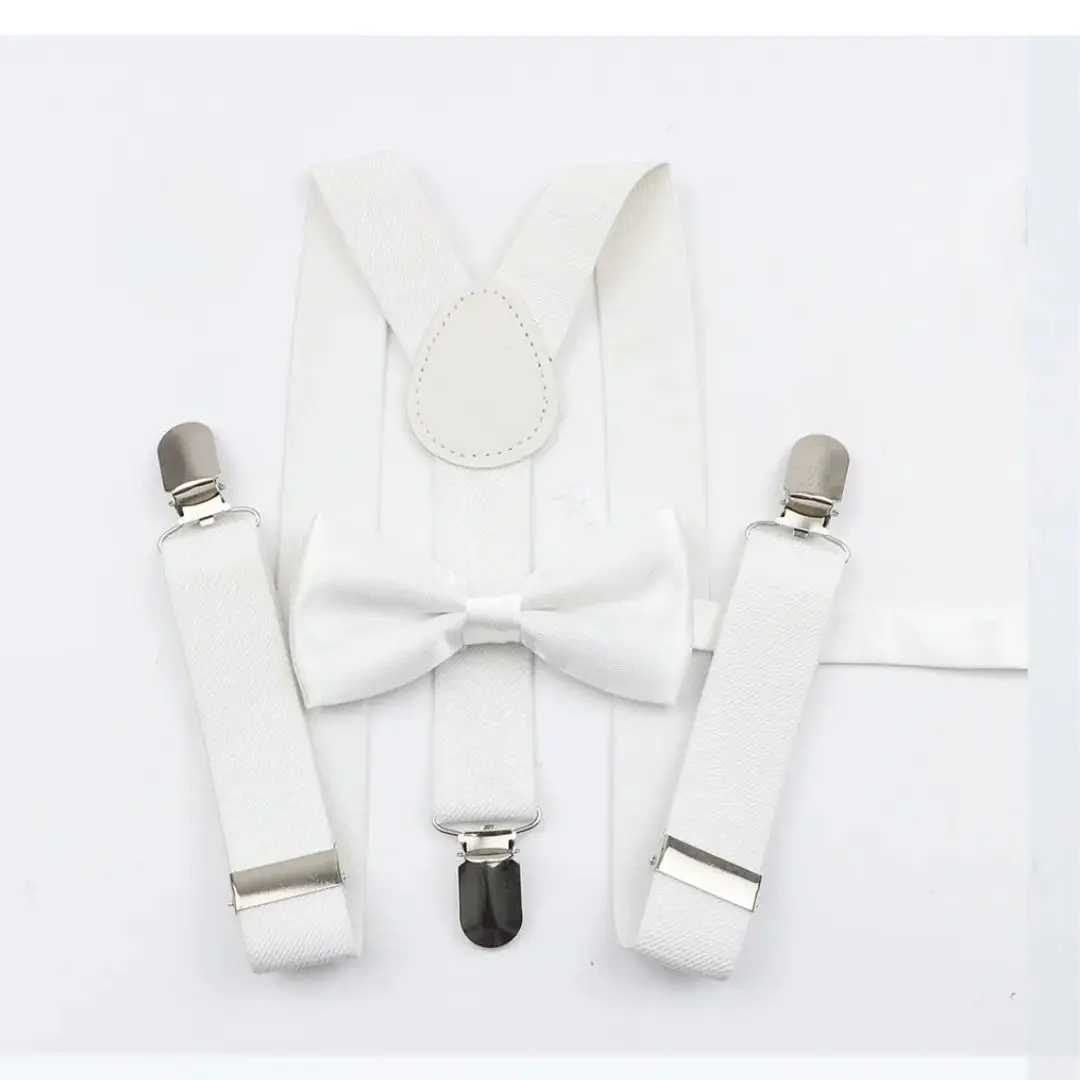 TIE MOOD White Satin Kid's Pre-Tied Bow Tie & White Suspenders Set | Bow Tie & Suspender for Boys | Easter Outffit