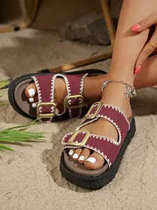 Relaxed Literary Style Two-Band Sandals, Adjustable Buckle, Thick Sole, Shell Embroidery, Casual Textile Rubber Shoes, Summer, Bohemian Style Sandals, Casual Summer Footwear