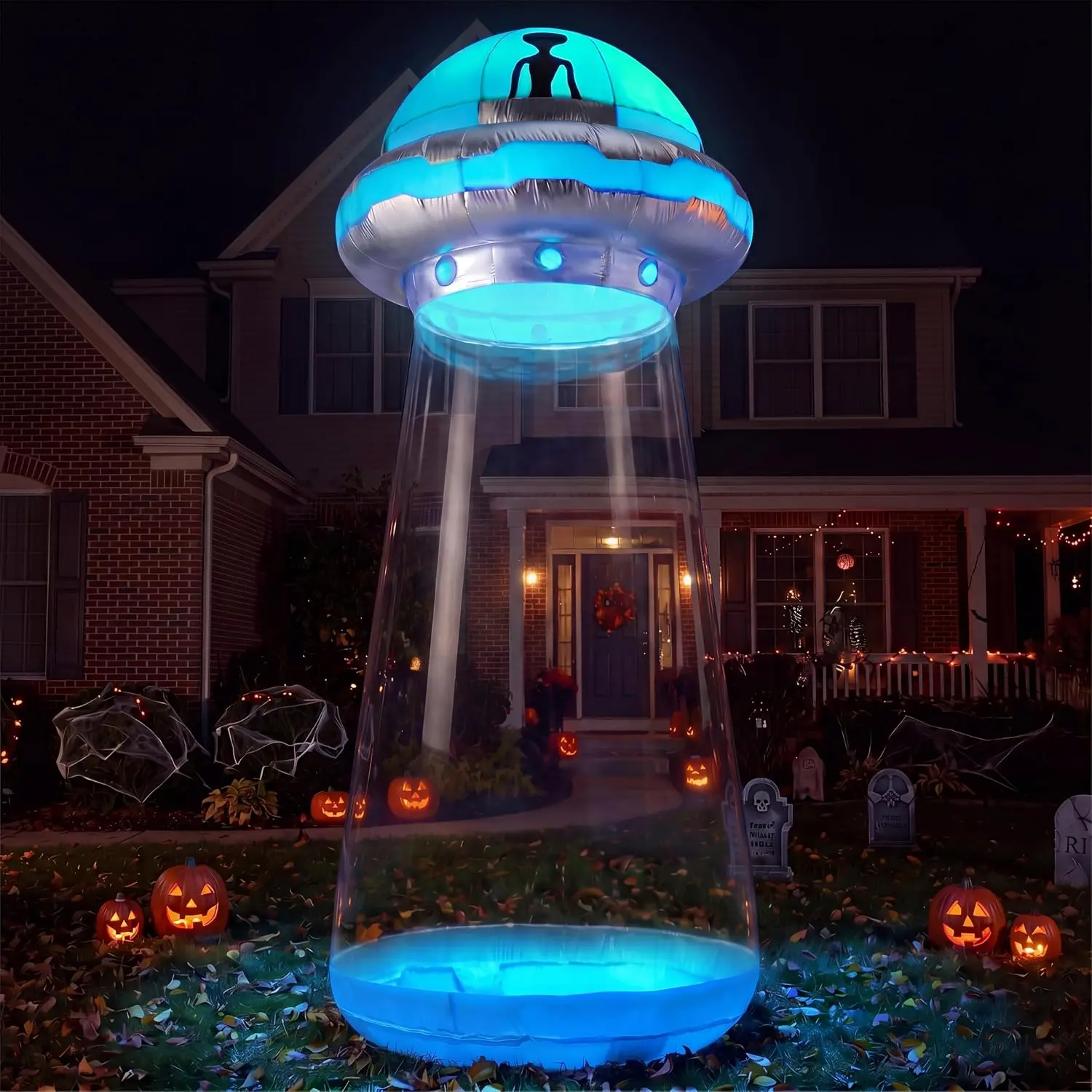 9ft Halloween Inflatable UFO Alien - with Built-in LEDs, Spooky Style - Scary Blow Up Ornament for Porch, Lawn