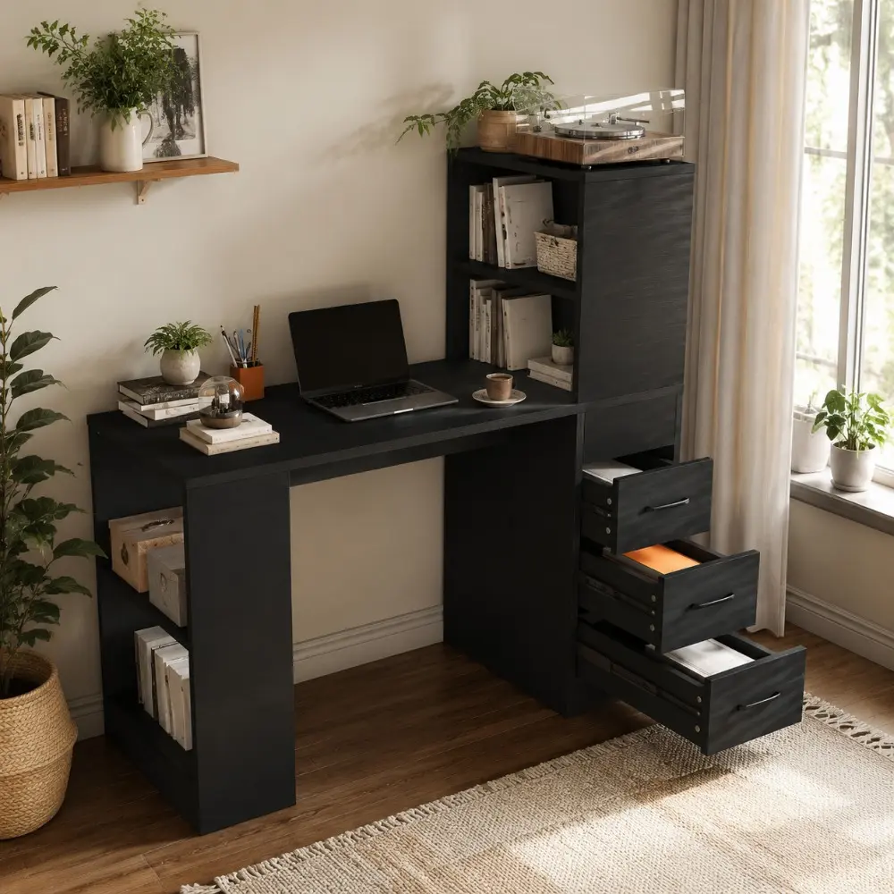 Littleox Black Computer Desk with 4-in-1 Socket, the Desk with 3 Slide Drawers and 4 Storage Levels, the Wooden Desk is Suitable for a Variety of Places