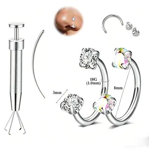 20G(1.0mm) 2pcs Surgical Steel Internally Threaded Horseshoe Nose Hoop with Double Cubic Zirconia Gems & Free Ball Holder Piercing Jewelry for Nose Lip Eyebrow
