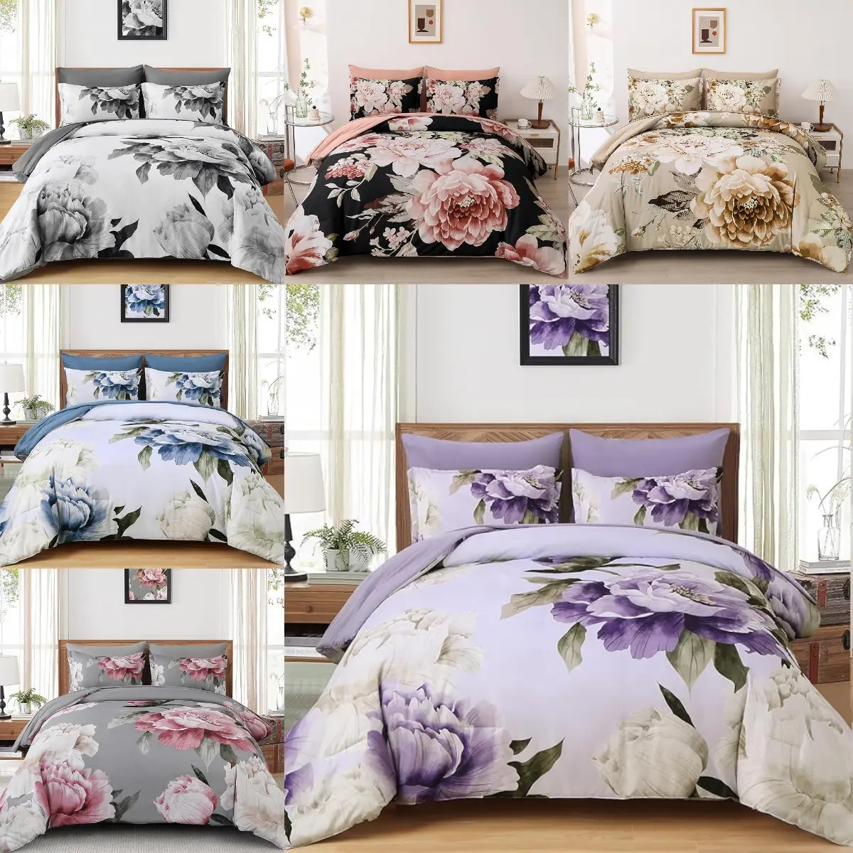 Floral Comforter Set 7 Piece Bed in a Bag Queen/King, Floral Printed on Light Purple Comforter Set with Sheets, Soft Microfiber Botanical Complete Bedding Set for All Season