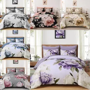Floral Comforter Set 7 Piece Bed in a Bag Queen/King, Floral Printed on Light Purple Comforter Set with Sheets, Soft Microfiber Botanical Complete Bedding Set for All Season