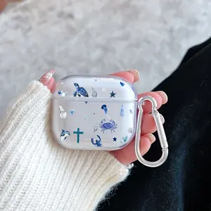 Oceanic Whimsy Art Pattern TPU Soft Protective Case for Apple AirPods 4/3/2/1/Pro/Pro2 Transparent Earphone Cover with Keychain Attachment