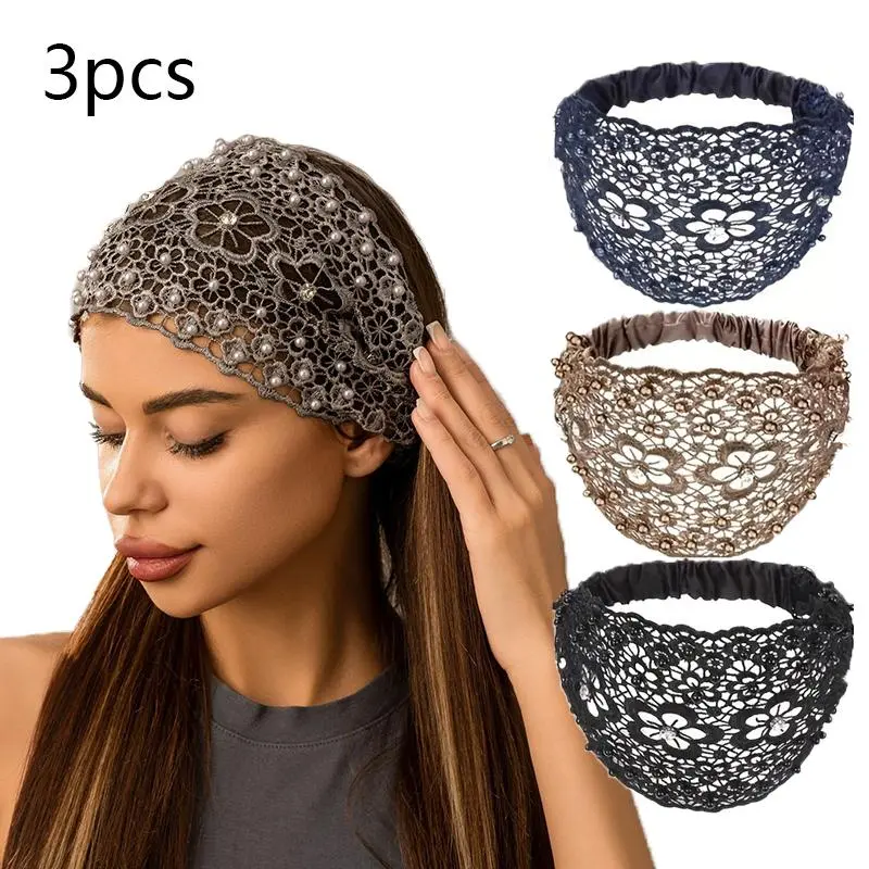 Rhinestone & Beads Decor Lace Wide Band Hairband, 3 Counts Hollow Out Flower Design Hair Band, Fashion Hair Accessories for Women & Girls, Sparkling Flower Headbands, Headband Set, Sparkle Flower Headbands, Bling Hair Headband