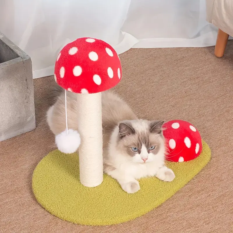 Interactive Mushroom Cat Scratching Post with Sisal Rope, Plush Base, and Hanging Ball Toy - Perfect for Climbing and Scratching