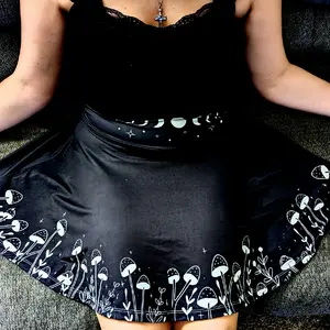 Women's Mushroom and Moon Phase Pattern Flowy Skirt with Elastic Band, Mystical Style Clothing, Whimsigoth,Witch Core,Cottage Core Inspired