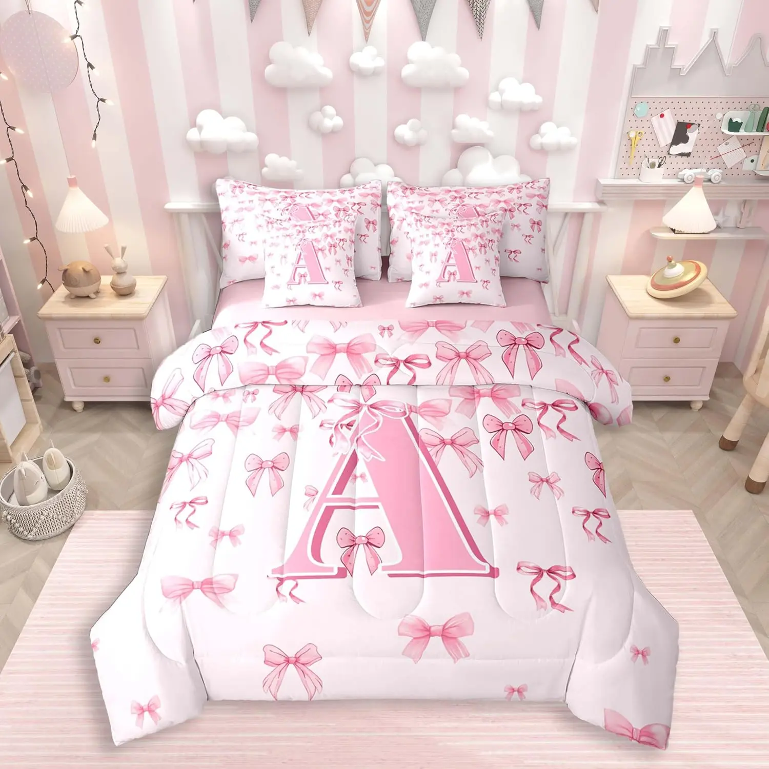 Girls Pink Bow Comforter Set with Sheets 7 Piece Cute Bowknot Bedding Set Letter A Bed in a Bag Monogrammed Room Decor Coquette Bows Soft Lightweight Microfiber
