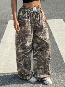 Vintage Tree Camo Smocked Waist Wide Leg Pants | Womenswear Y2K Streetwear Baggy Trousers | High Waist Relaxed Fit | Side Pockets | Versatile Daily Wear | Perfect for Street Style/Summer/Festival